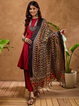 InWeave - Women Maroon Art Silk Solid Kurta with Palazzo and Dupatta
