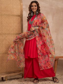 InWeave - Women Red Art Silk Solid Kurta with Palazzo and Dupatta