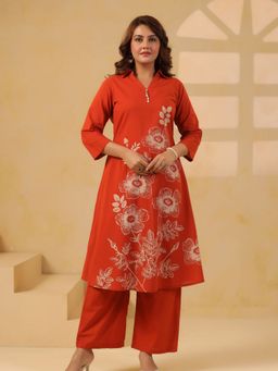 KAFTANIZE - Women Rust Cotton Blend Floral Kurta with Pant