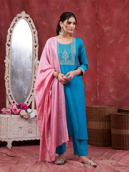MOKOSH - Women Blue Chinon Embroidered Kurta with Pant and Dupatta