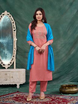 MOKOSH - Women Peach Chinon Embroidered Kurta with Pant and Dupatta