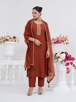 MOKOSH - Women Brown Chinon Embroidered Kurta with Pant and Dupatta
