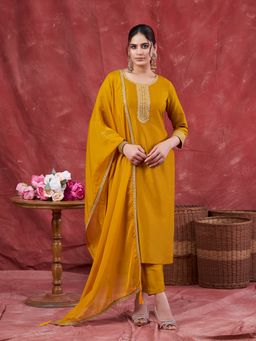 MOKOSH - Women Mustard Chinon Embroidered Kurta with Pant and Dupatta