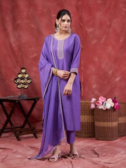 MOKOSH - Women Lavender Chinon Embroidered Kurta with Pant and Dupatta