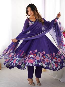 Odette - Women Blue Georgette Floral Anarkali Kurta with Pant and Dupatta