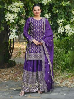 Odette - Women Purple Chinon Embroidered Kurta with Sharara and Dupatta