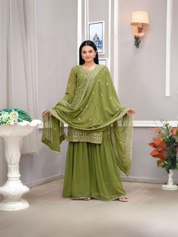 Odette - Women Green Georgette Embroidered Kurta with Sharara and Dupatta