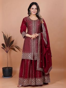 Odette - Women Maroon Chinon Embroidered Kurta with Sharara and Dupatta