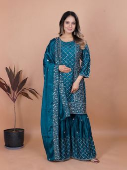Odette - Women Teal Chinon Embroidered Kurta with Sharara and Dupatta