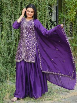 Odette - Women Purple Chinon Embroidered Kurti with Sharara and Dupatta
