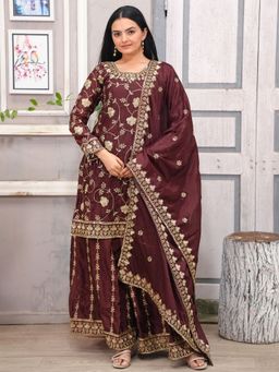 Odette - Women Brown Chinon Embroidered Kurta with Sharara and Dupatta