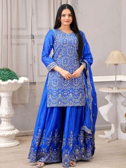 Odette - Women Blue Chinon Embroidered Kurta with Sharara and Dupatta
