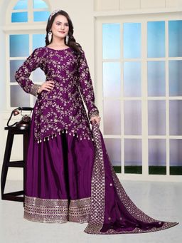 Odette - Women Purple Chinon Embroidered Kurta with Sharara and Dupatta