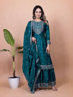 Odette - Women Teal Chinon Embroidered Kurta with Sharara and Dupatta