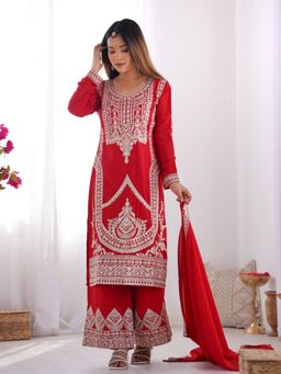 Odette - Women Red Silk Blend Embroidered Kurta with Palazzo and Dupatta