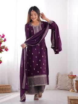 Odette - Women Purple Chinon Embroidered Kurta with Pant and Dupatta