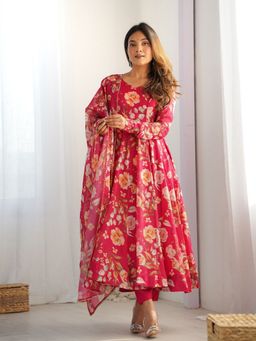 Odette - Women Red Georgette Floral Anarkali Kurta with Pant and Dupatta