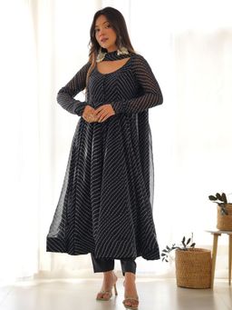 Odette - Women Black Georgette Stripes Anarkali Kurta with Pant and Dupatta