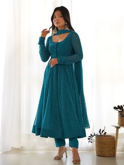 Odette - Women Green Georgette Stripes Anarkali Kurta with Pant and Dupatta