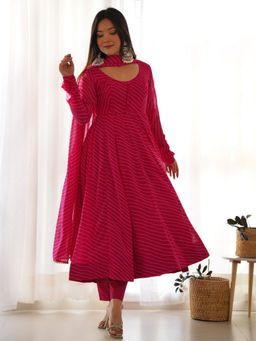 Odette - Women Pink Georgette Stripes Anarkali Kurta with Pant and Dupatta