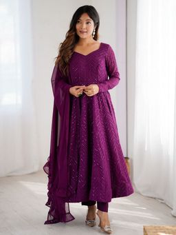 Odette - Women Purple Georgette Embroidered Anarkali Kurta with Pant and Dupatta