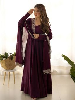 Odette - Women Purple Georgette Solid Anarkali Kurta with Pant and Dupatta