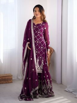 Odette - Women Purple Georgette Embroidered Kurta with Sharara and Dupatta