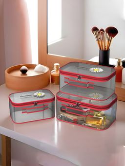 Kuber Industries - Travel Storage Organizer Cosmetic Bag With Handle , Red (Pack Of 3)