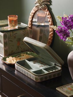 Pure Home + Living - Green Pineapple Print Rectangle Faux Leather Travel Jewellery Box