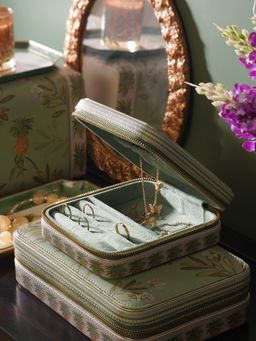 Pure Home + Living - Green Pineapple Print Square Faux Leather Travel Jewellery Box