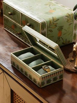 Pure Home + Living - Green 3 Part Pineapple Print Faux Leather Watch Box