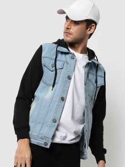 Campus Sutra - Men Colourblock Denim Hooded Jacket