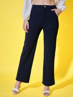 Buynewtrend - Navy Blue Solid Straight Fit Women's Formal Trouser Pant