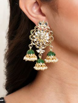 Karatcart - Gold Plated Kundan Studded Green Meena Triple Jhumki Earrings for Women