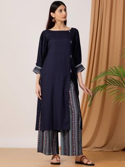Empress Pitara - Navy Blue Kurta With Printed Palazzo (Set of 2)