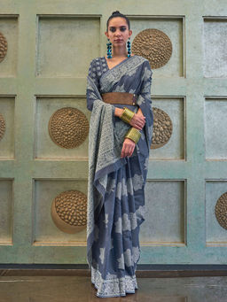 Odette - Festive Grey Silk Blend Woven Saree with Unstitched Blouse
