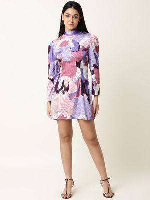 Rareism Women Shallom Multi Abstract V Neck Overlap Collar Short Sleeves Elastic Waist Band Mini Dress main image 1