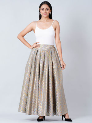 First Resort by Ramola Bachchan Grey Brocade Skirt styled with OOMPH Green Meenakari Floral Design Large Jhumka Earrings
