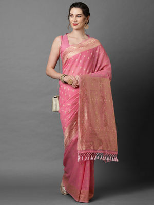 Akhilam - Pink Festive Silk Blend Woven Design Saree with Unstitched Blouse