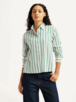 Levi's - Women Striped White and Green Relaxed Fit Shirt