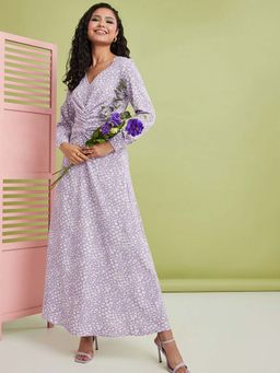 Styli - Lavender Long Sleeves Sweetheart Neck Ditsy Print Maxi Dress