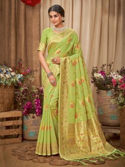 Sangam Prints - Light Green Cotton Woven Zari Work Traditional Tassel Saree with Unstitched Blouse