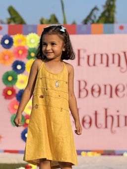 Funny Bones - Mustard Twig Handwork Solid Premium Linen Dress
