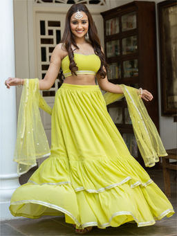 Lavanya The Label - Green Ruffled Lehenga (Set of 3)