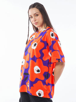 Bewakoof - Women's Orange & Blue All Over Printed Oversized T-shirt