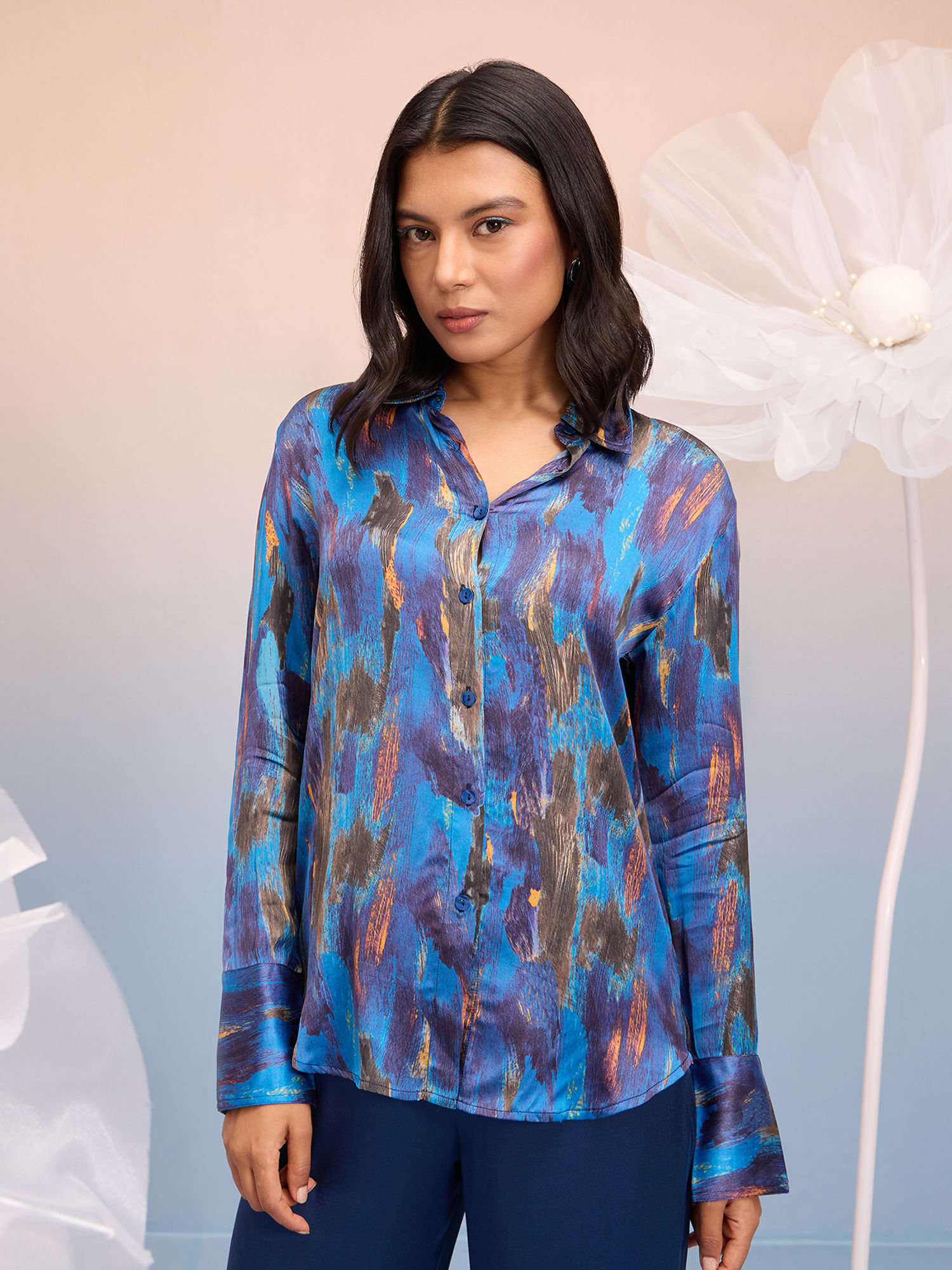 Blue Brush Stroke Printed Full Sleeves Satin Shirt-picture-30