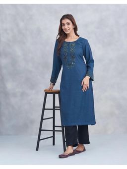 Fabindia - Blue Wool Embroidered Long Kurta