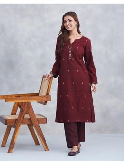 Fabindia - Maroon Wool Hand Woven Long Kurta