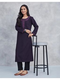 Fabindia - Purple Wool Embroidered Long Kurta