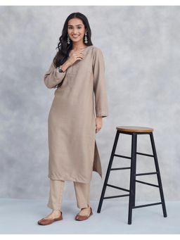 Fabindia - Beige Wool Embroidered Long Kurta